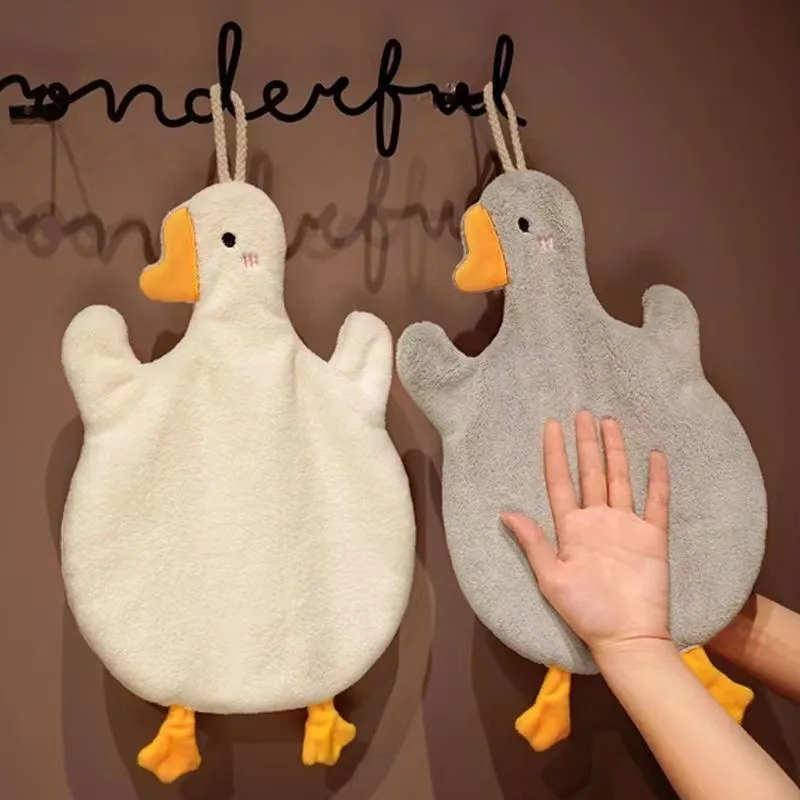 Cute Goose Coral Fleece Hanging Hand Towel – Absorbent Kitchen & Bathroom Washcloth, Quick-Dry Cleaning Cloth with Loop, Instagram-Worthy Home Décor Towel for Drying Hands and Dishes